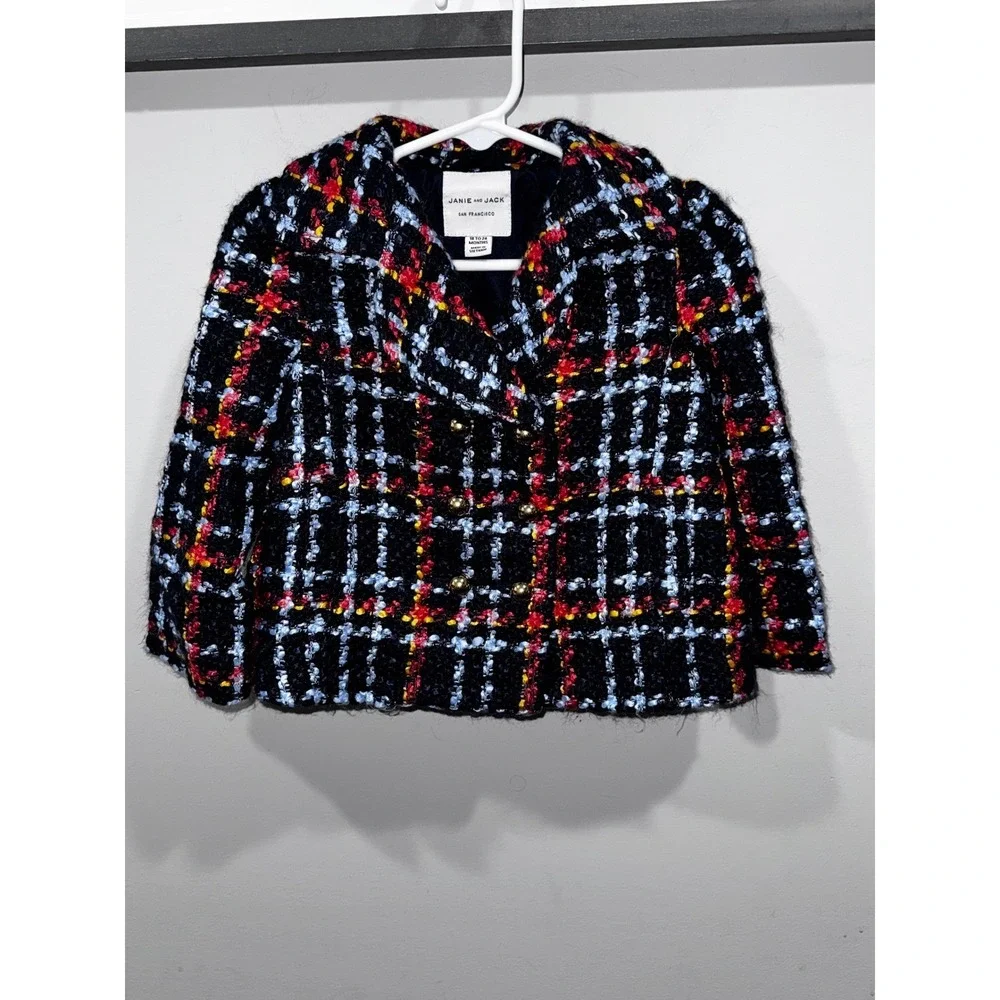 Janie and Jack Plaid Boucle Jacket Girls 18-24 Month Double Breasted Gold Button